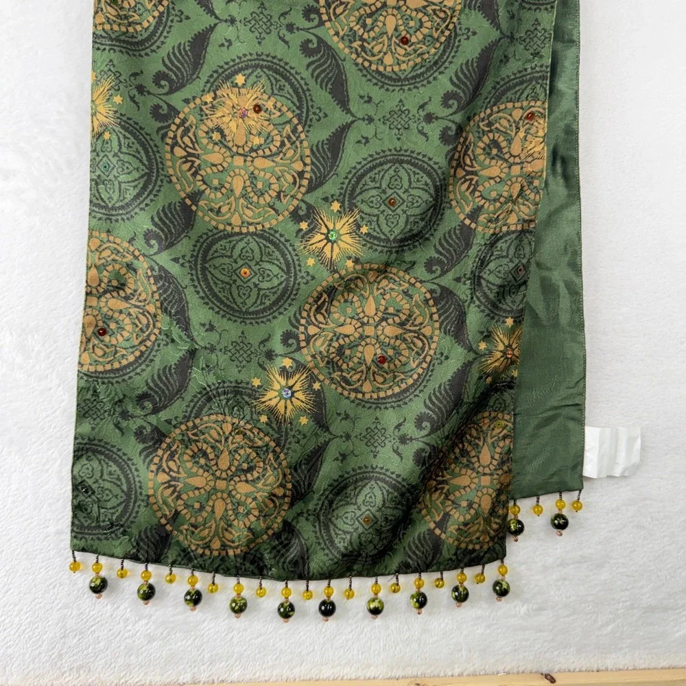 Pier 1 14x74 Table Runner Holiday Medallion Circle Print Beaded Trim Green Gold
